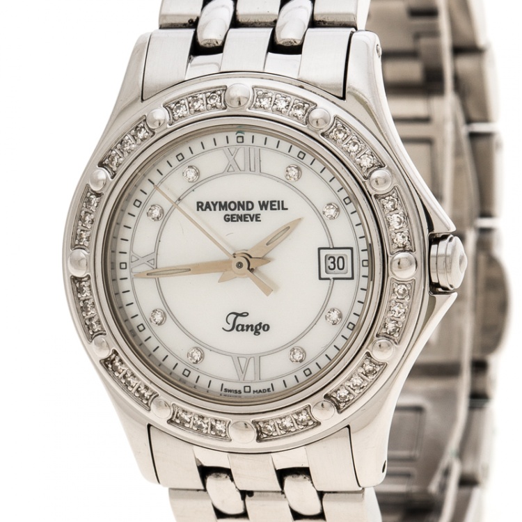 Pre Owned Raymond Weil White Mother of Pearl Stainless Steel Diamond Tango 5390 Women's Wristwatch 28 mm
