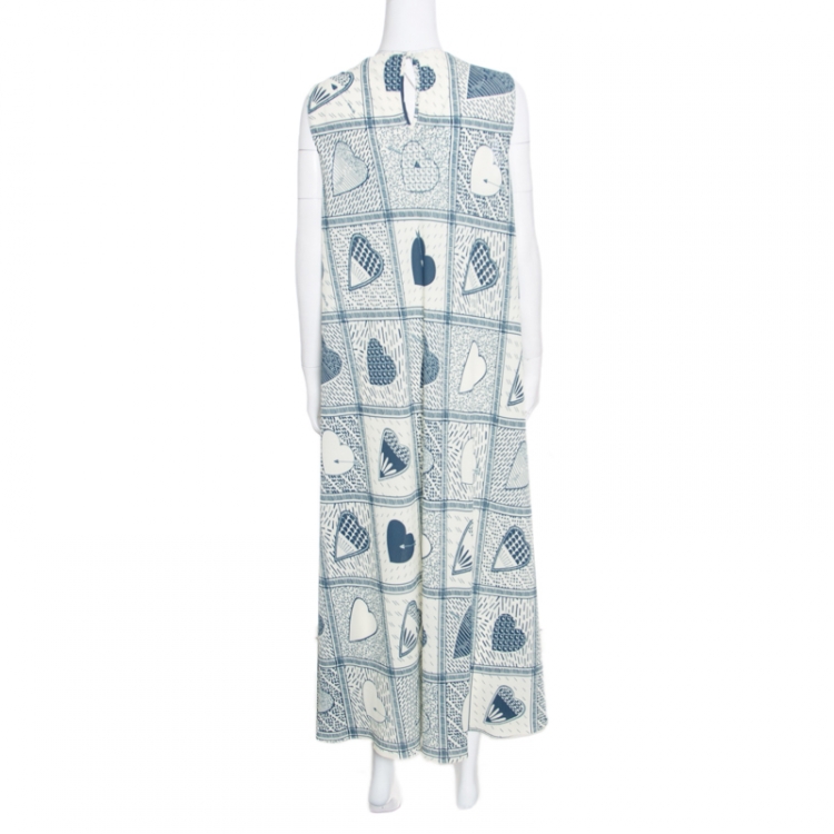 Pre Owned Red Valentino Beige and Blue Heart Printed Stretch Crepe Sleeveless Maxi Dress L