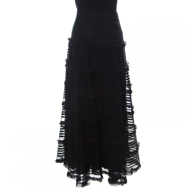 Pre Owned Red Valentino Black Tulle Tiered Ribbon Detailed Skirt L