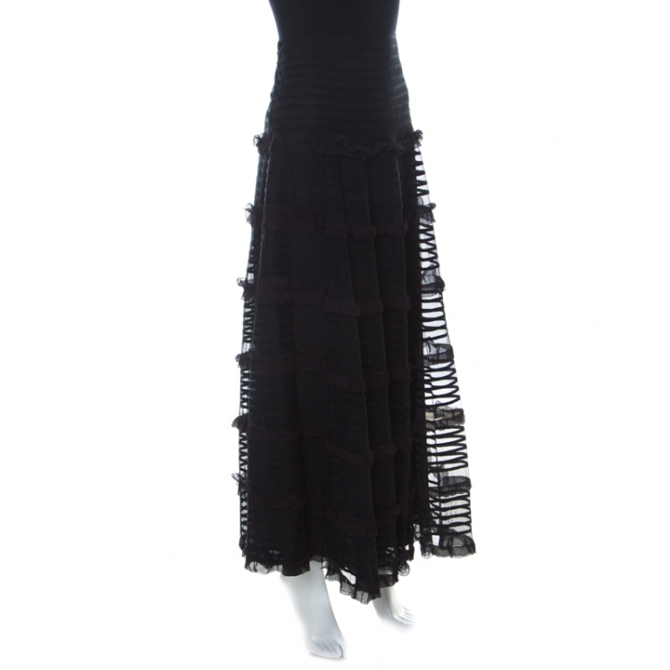 Pre Owned Red Valentino Black Tulle Tiered Ribbon Detailed Skirt L