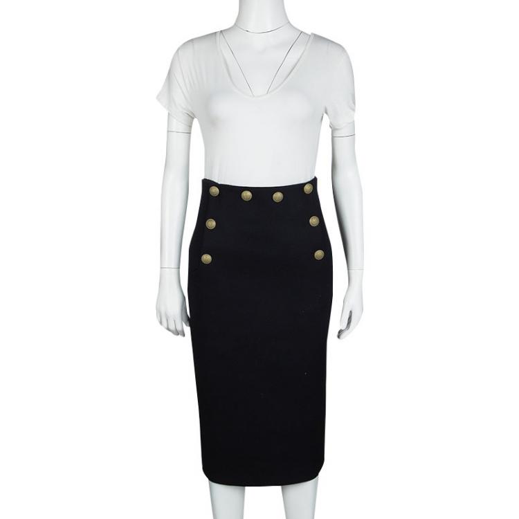 Pre Owned RED Valentino Navy Blue Wool Button Detail high Waist Midi Skirt S