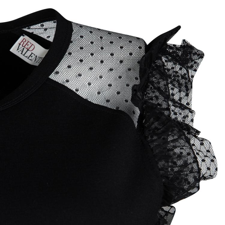 Pre Owned RED Valentino Black Swiss Dot Lace Sleeve Detail Midi Dress L