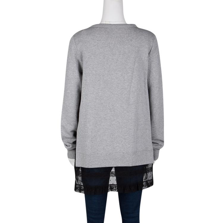 مملوكة مسبقًا RED Valentino Grey Contrast Lace Tulle Insert Sweatshirt Tunic XS