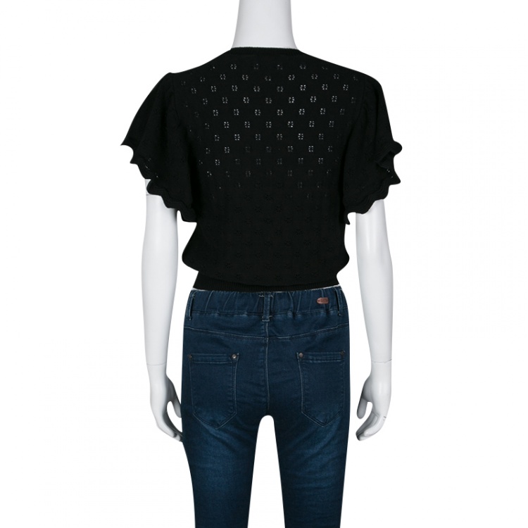Pre Owned Red Valentino Black Perforated Knit Flutter Sleeve Crop Top M