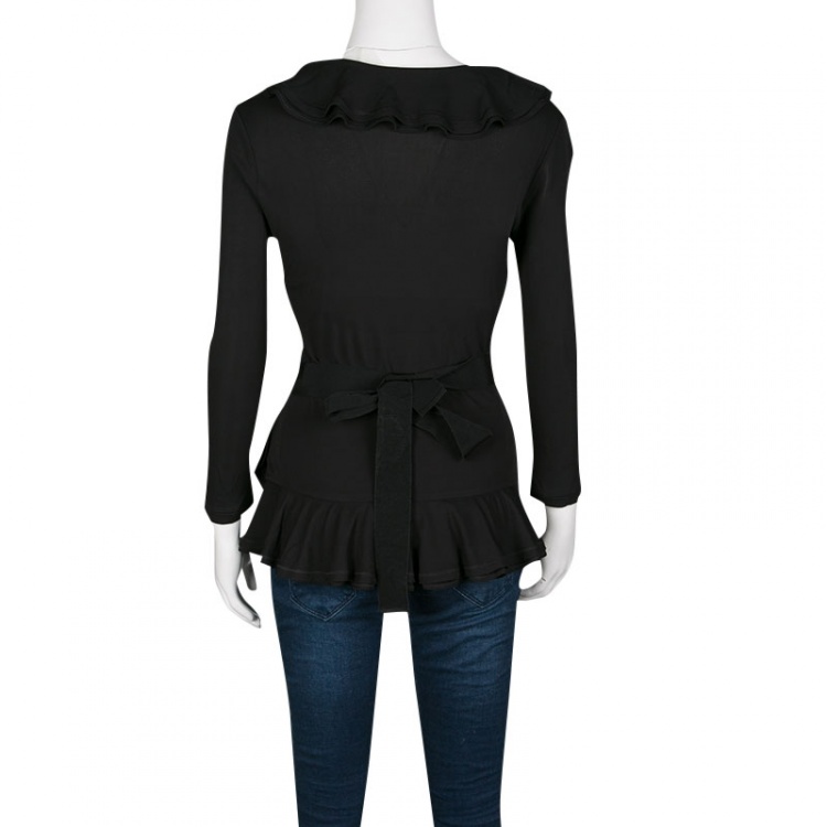 Pre Owned RED Valentino Black Ruffle Detail Long Sleeve Wrap Top M