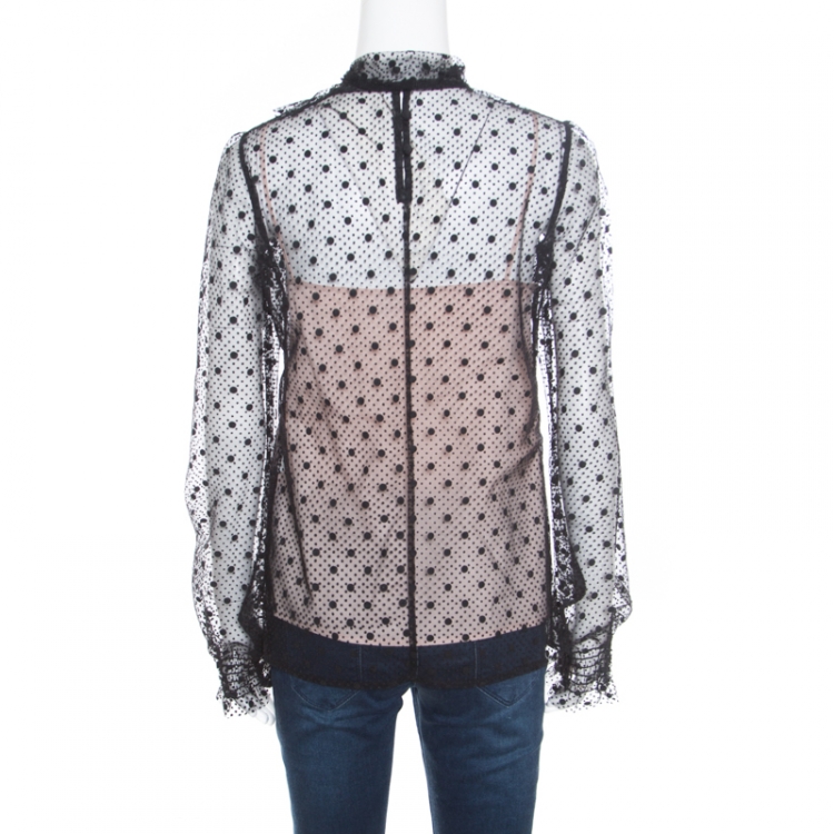 Pre Owned Red Valentino Black Swiss Dotted Tulle Neck Tie Detail Long Sleeve Blouse S