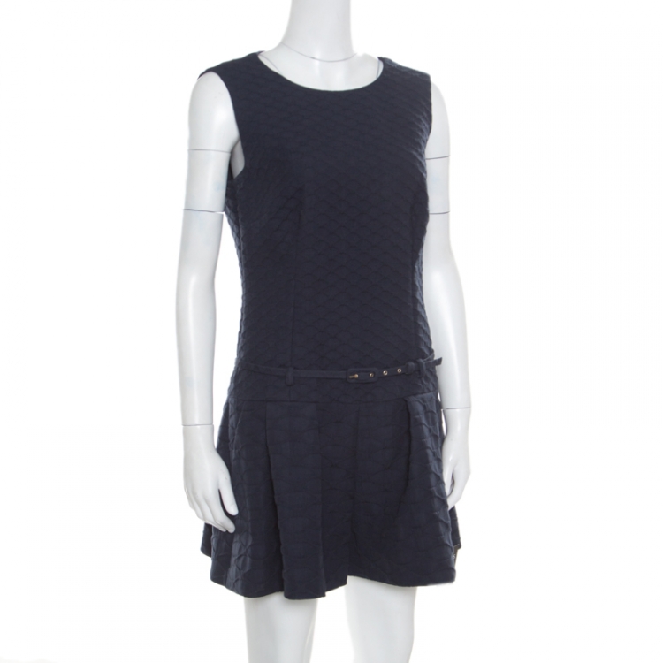 Pre Owned RED Valentino Navy Blue Jacquard Sleeveless Belted Playsuit M
