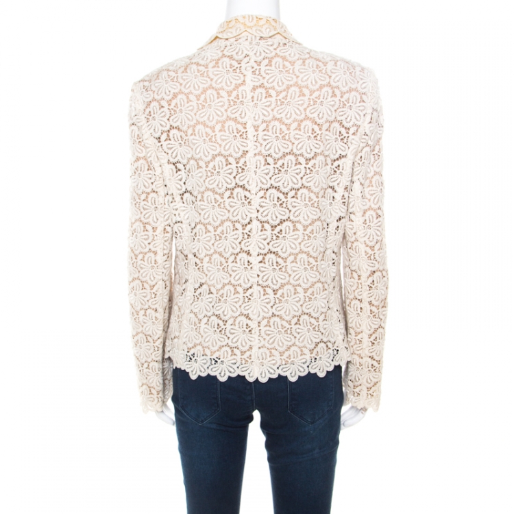 Pre Owned RED Valentino Beige and Cream Cutout Floral Embroidered Blazer L