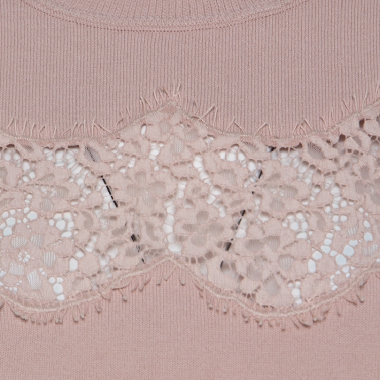 Pre Owned RED Valentino Blush Pink Knit Sheer Lace Paneled Crew Neck Top M