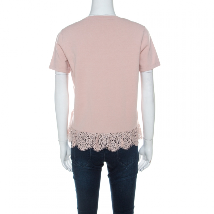 Pre Owned RED Valentino Blush Pink Knit Sheer Lace Paneled Crew Neck Top M