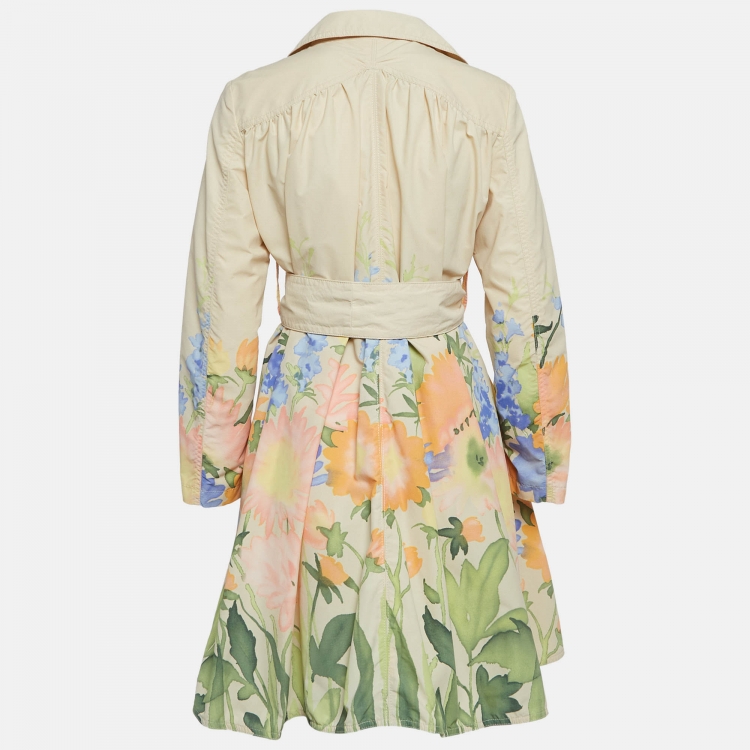Pre Owned RED Valentino Cream Floral Print Crepe Belted Mid-Length Coat M