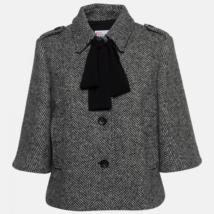 Pre Owned RED Valentino Monochrome Herringbone Wool Neck Tie Short Coat  L