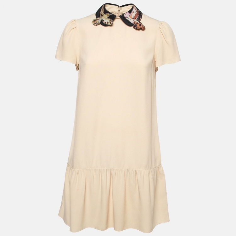 Pre Owned RED Valentino Beige Embroidered Peter Pan Collar Sateen Flounce Mini Dress S