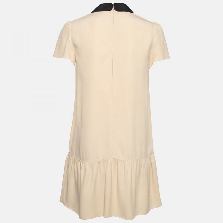 Pre Owned RED Valentino Beige Embroidered Peter Pan Collar Sateen Flounce Mini Dress S