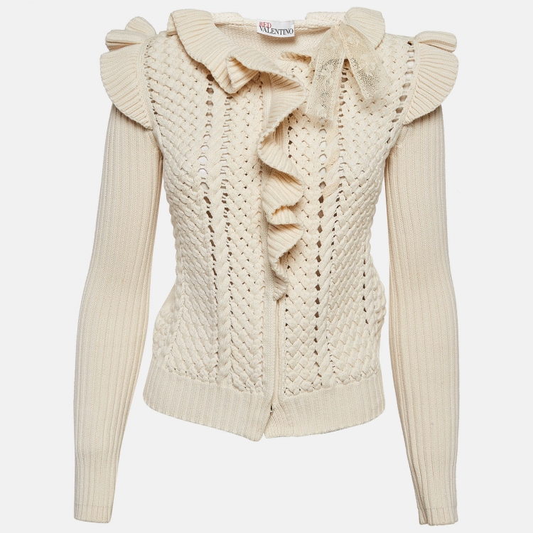 Pre Owned RED Valentino Cream Knit Ruffle Detail Cardigan S