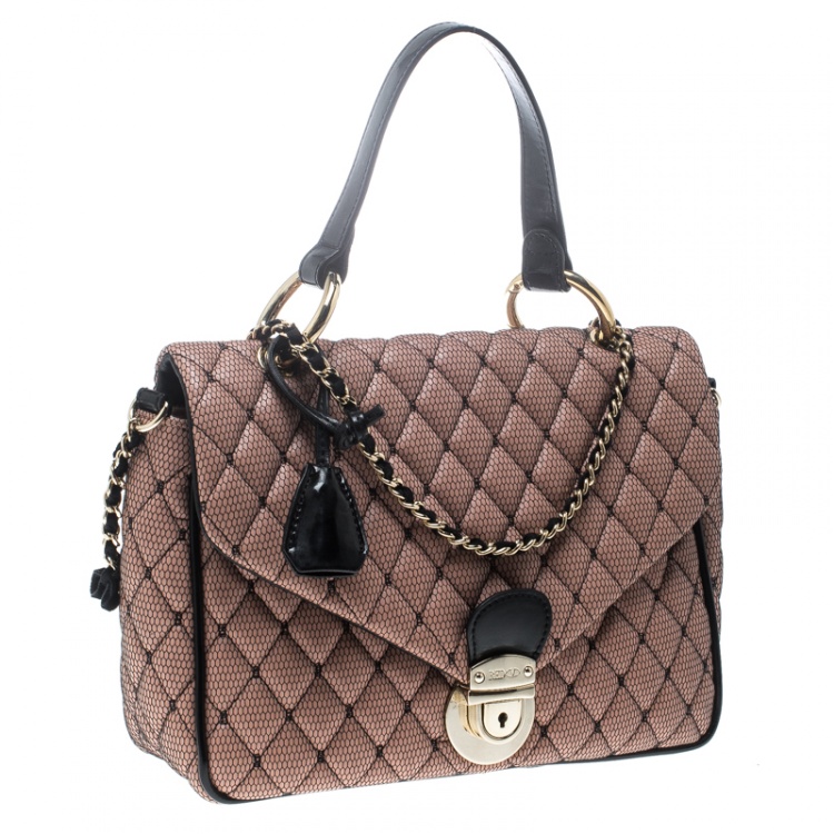Pre Owned Red Valentino Peach Pink/Black Quilted Faux Leather and Lace Top Handle Shoulder Bag