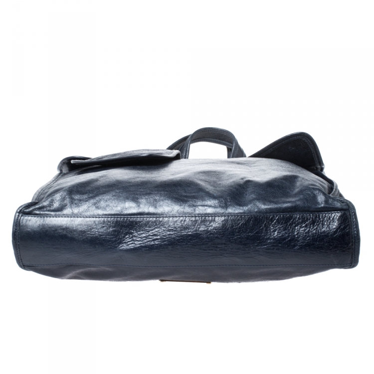 Pre Owned Red Valentino Navy Blue Crinkled Leather Bow Tote bag