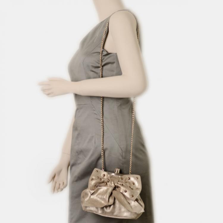 Pre Owned RED Valentino Gold Leather 'Studded Bow' Framed Shoulder Bag