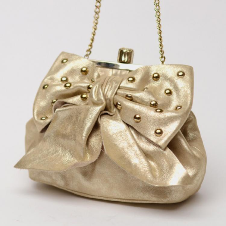 Pre Owned RED Valentino Gold Leather 'Studded Bow' Framed Shoulder Bag
