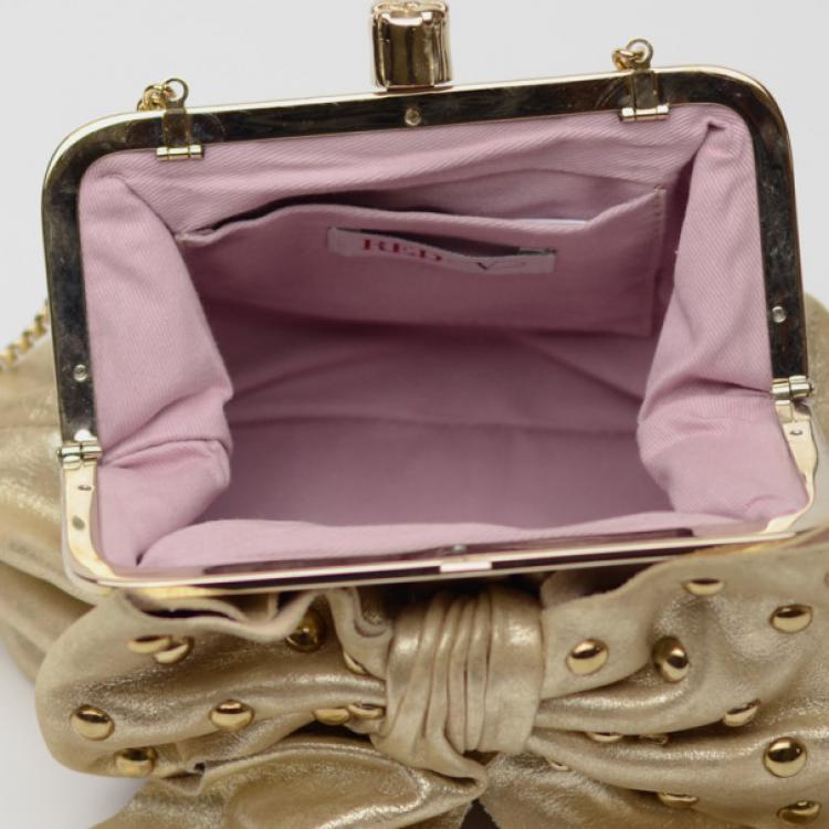Pre Owned RED Valentino Gold Leather 'Studded Bow' Framed Shoulder Bag