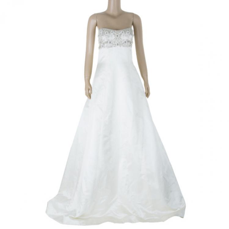 Pre Owned Reem Acra Delicate Floral Embellished Wedding Dress L