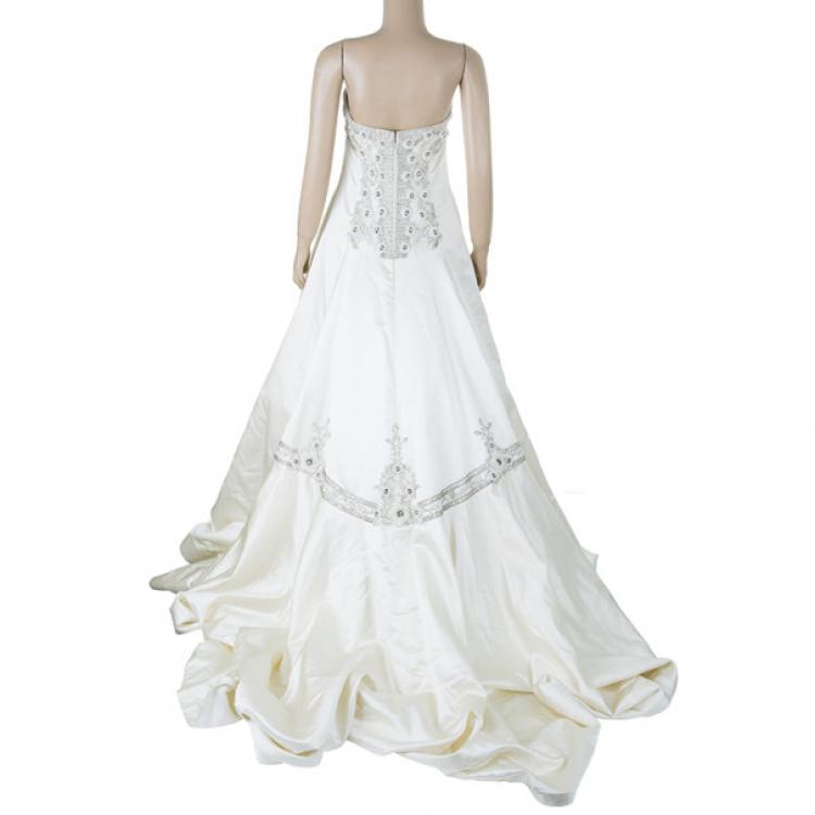 Pre Owned Reem Acra Delicate Floral Embellished Wedding Dress L