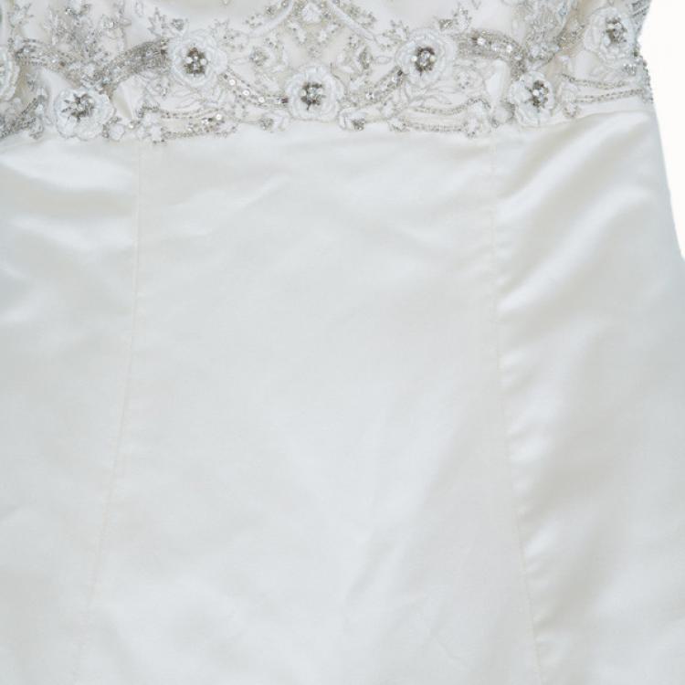 Pre Owned Reem Acra Delicate Floral Embellished Wedding Dress L