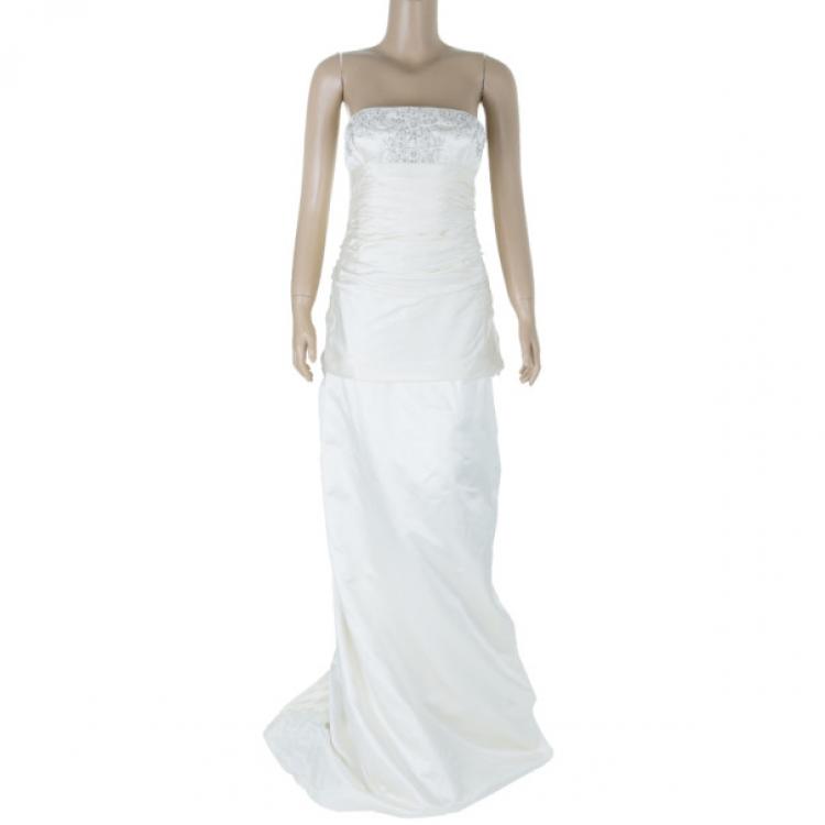 Pre Owned Reem Acra Embellished Pleated Silk Wedding Dress L