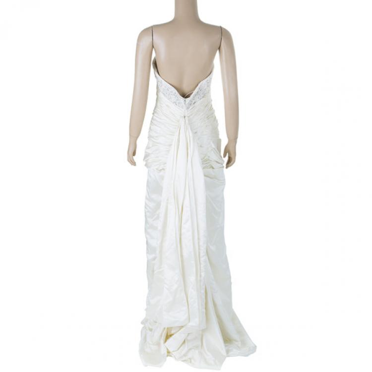 Pre Owned Reem Acra Embellished Pleated Silk Wedding Dress L