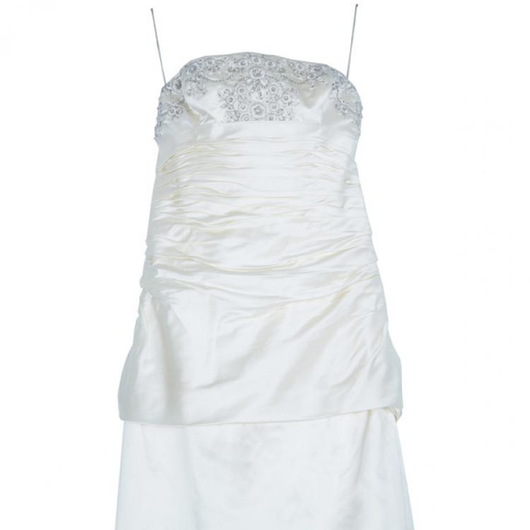 Pre Owned Reem Acra Embellished Pleated Silk Wedding Dress L