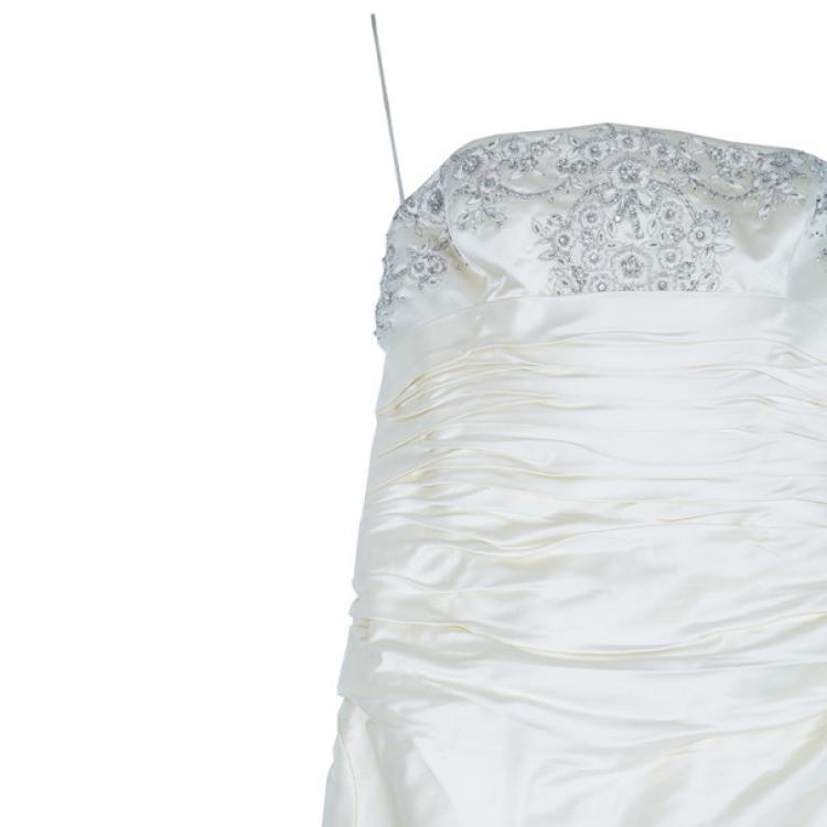 Pre Owned Reem Acra Embellished Pleated Silk Wedding Dress L