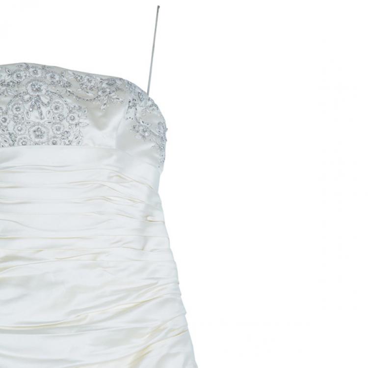 Pre Owned Reem Acra Embellished Pleated Silk Wedding Dress L