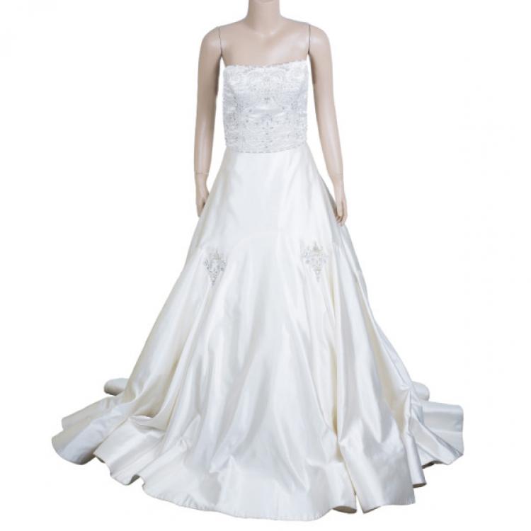 Pre Owned Reem Acra Embellished Flare Wedding Dress M