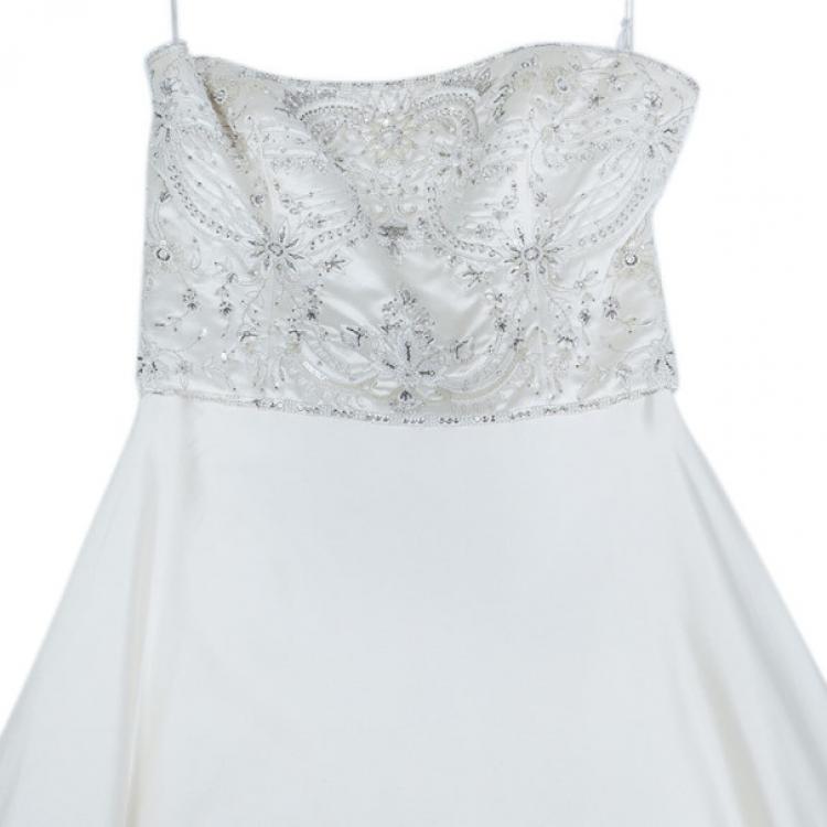 Pre Owned Reem Acra Embellished Flare Wedding Dress M