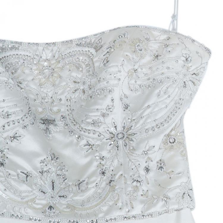 Pre Owned Reem Acra Embellished Flare Wedding Dress M