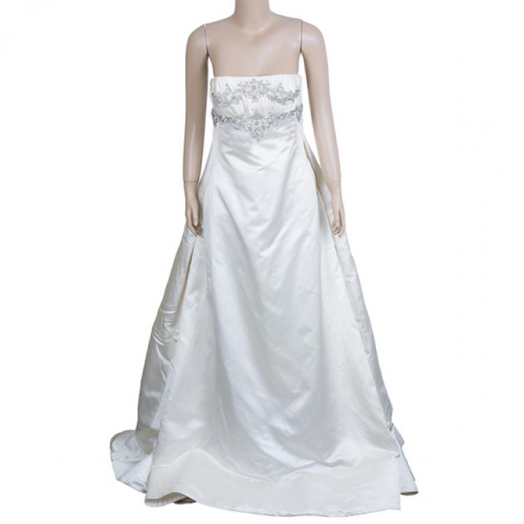 Pre Owned Reem Acra Embellished Ruched Wedding Dress L