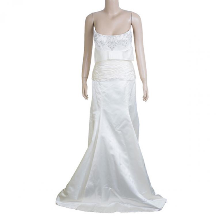 Pre Owned Reem Acra Embellished Semi Bustier Wedding Dress M