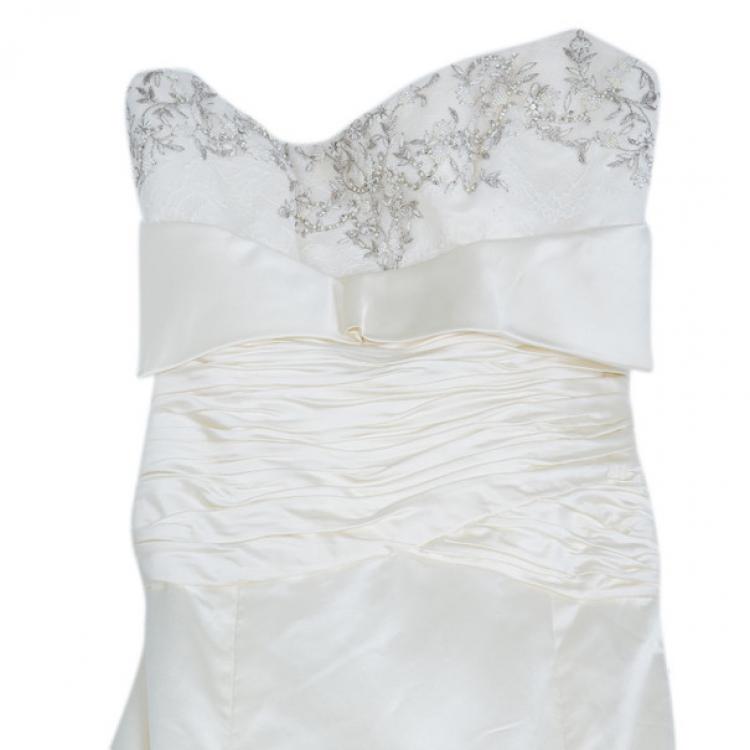 Pre Owned Reem Acra Embellished Semi Bustier Wedding Dress M