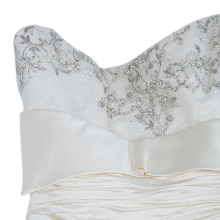 Pre Owned Reem Acra Embellished Semi Bustier Wedding Dress M