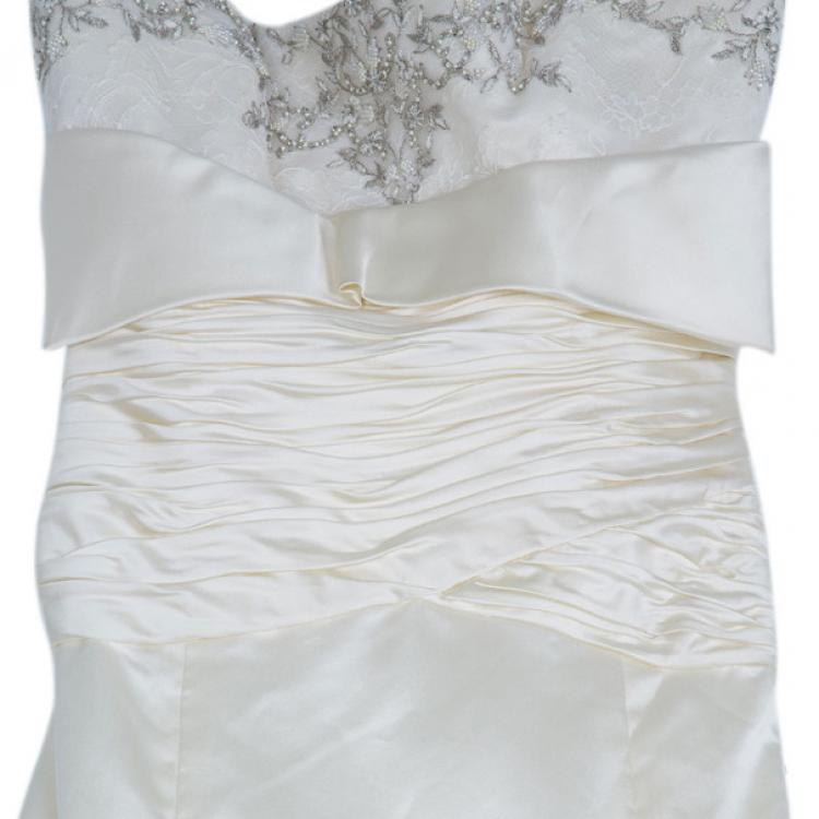 Pre Owned Reem Acra Embellished Semi Bustier Wedding Dress M