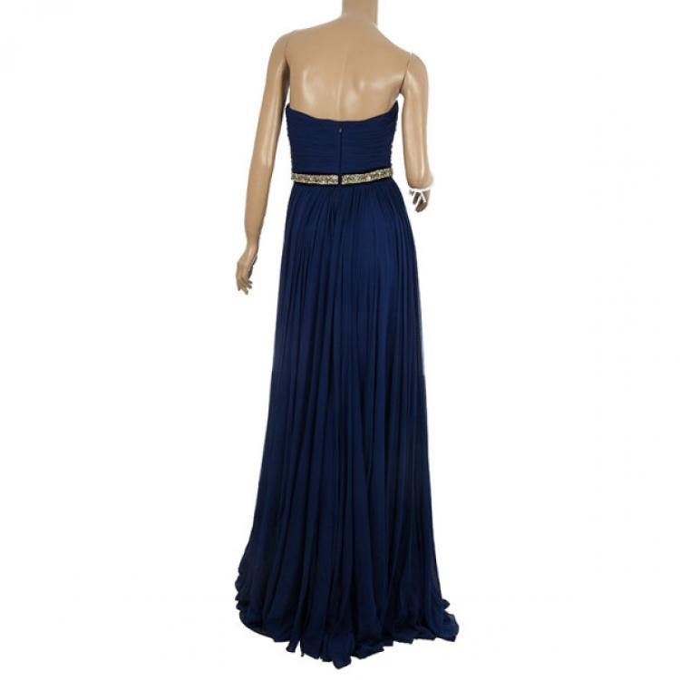 Pre Owned Reem Acra Embellished Belt Strapless Gown M