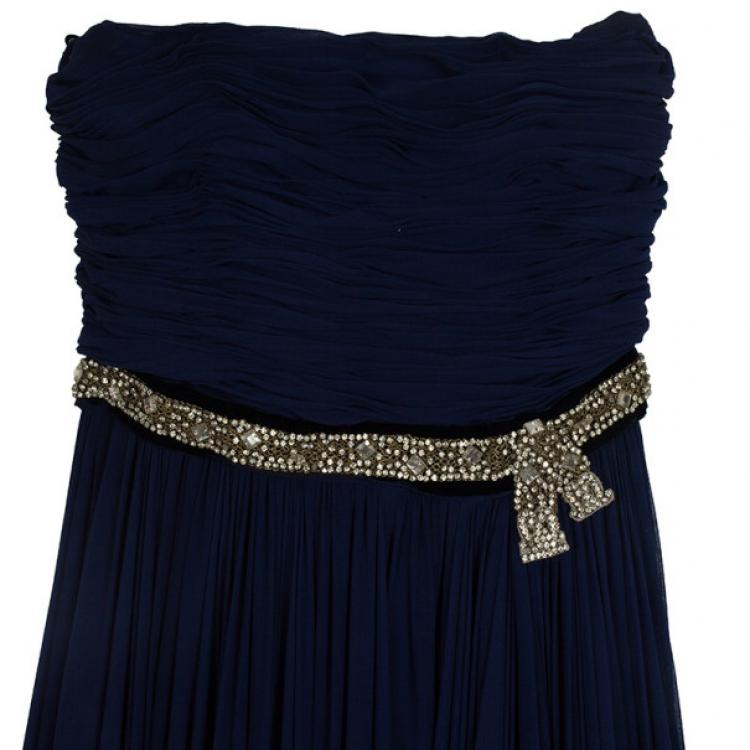 Pre Owned Reem Acra Embellished Belt Strapless Gown M