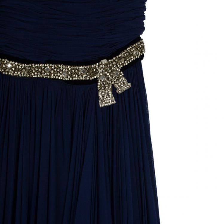 Pre Owned Reem Acra Embellished Belt Strapless Gown M