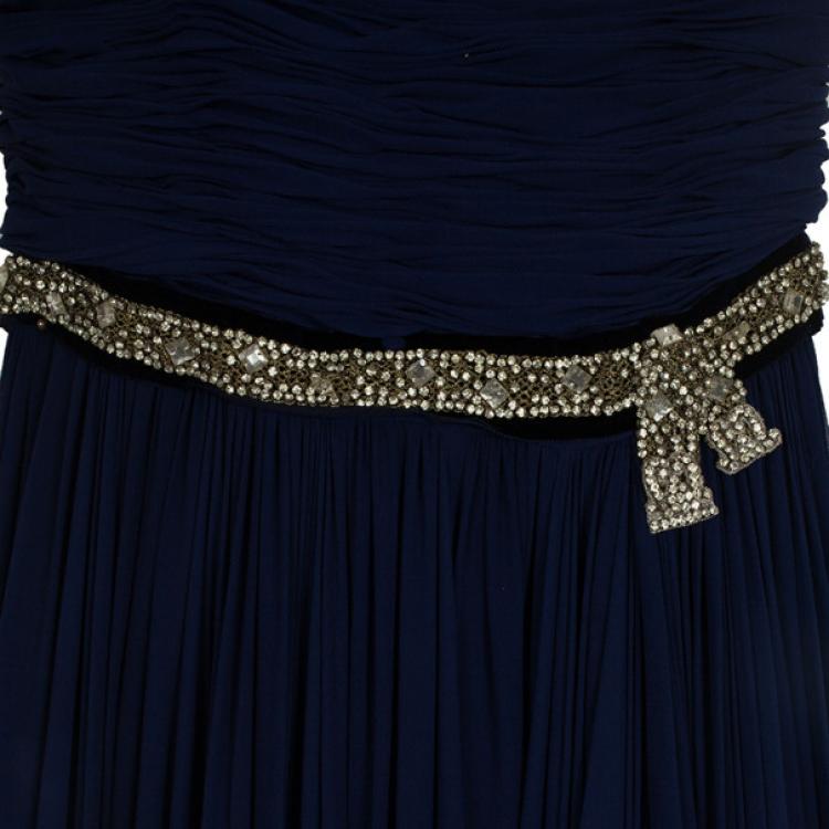 Pre Owned Reem Acra Embellished Belt Strapless Gown M