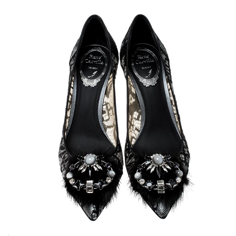 Pre Owned Rene Caovilla Dark Grey Lace and Mink Crystal Embellished Pointed Toe Pumps Size 37
