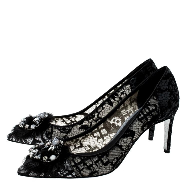 Pre Owned Rene Caovilla Dark Grey Lace and Mink Crystal Embellished Pointed Toe Pumps Size 37