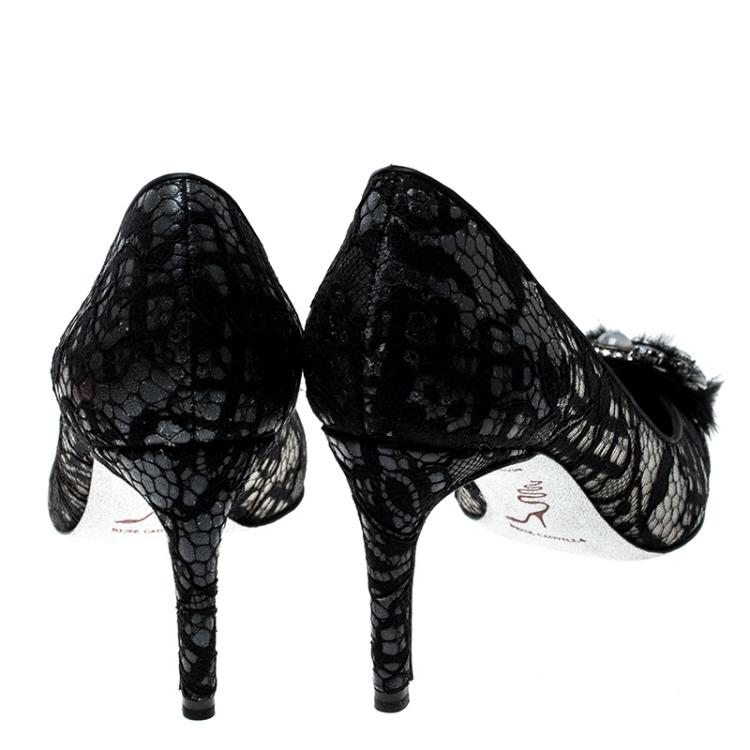 Pre Owned Rene Caovilla Dark Grey Lace and Mink Crystal Embellished Pointed Toe Pumps Size 37