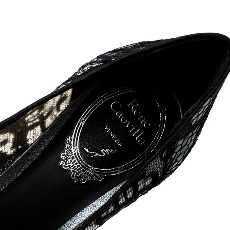 Pre Owned Rene Caovilla Dark Grey Lace and Mink Crystal Embellished Pointed Toe Pumps Size 37