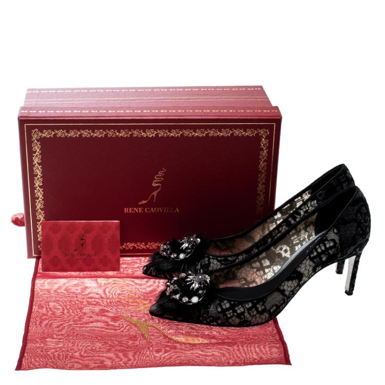 Pre Owned Rene Caovilla Dark Grey Lace and Mink Crystal Embellished Pointed Toe Pumps Size 37