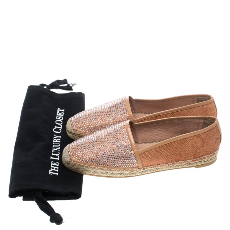 Pre Owned René Caovilla Peach Pink Canvas and Crystal Embellished Satin Espadrille Size 41